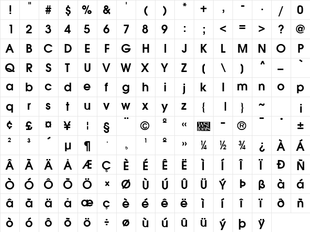 Avian Bold  glyph index