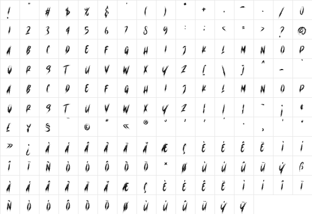 Horrible Brush Regular  glyph index