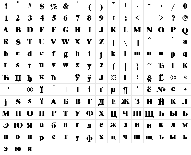 TimesETX Rus  glyph index