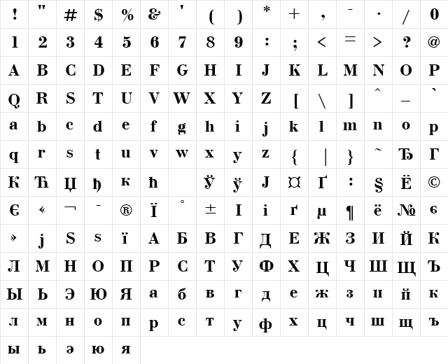 BodoniCTT Bold  glyph index