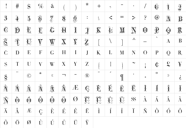 Bodoni Classic Deco Caps Medium  glyph index