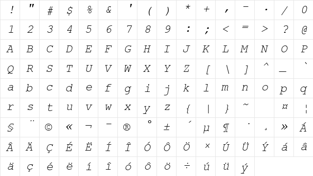 Courier New CE Italic  glyph index