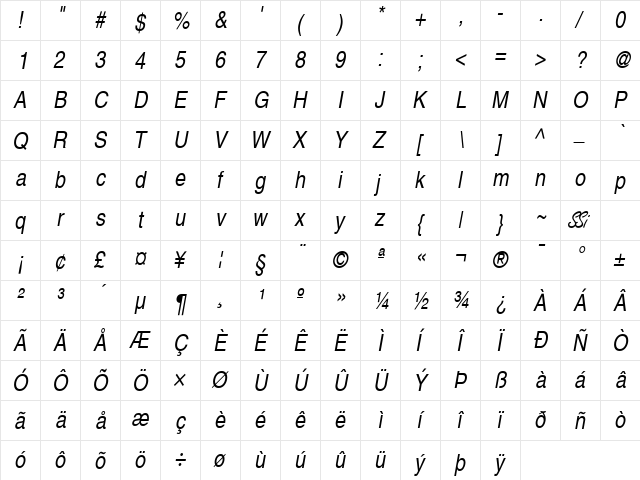 Context Extra Condensed SSi Extra Condensed Italic  glyph index