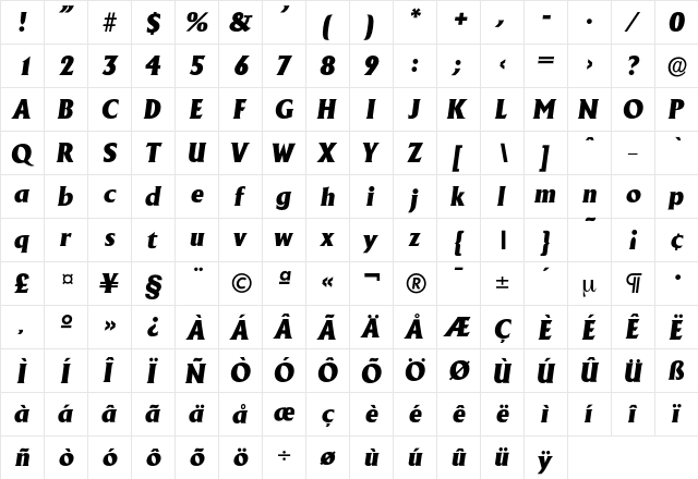 Adelon-ExtraBoldIta Regular  glyph index