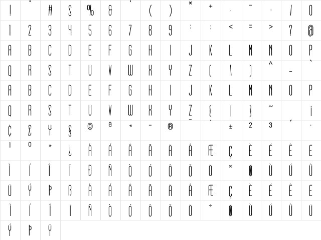 gello thin Regular  glyph index