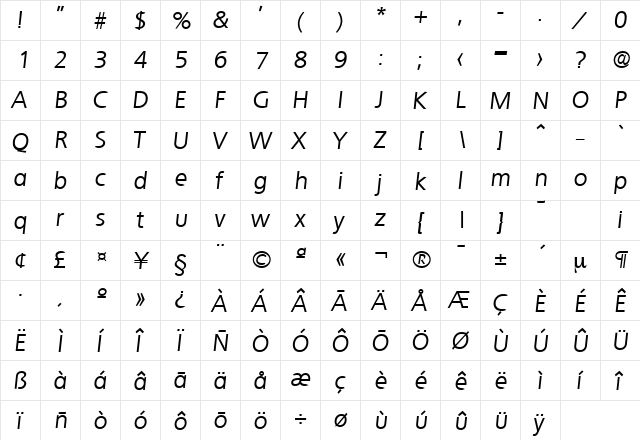 Quebec-Serial RegularItalic  glyph index