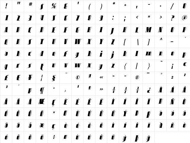 Avondale Italic  glyph index