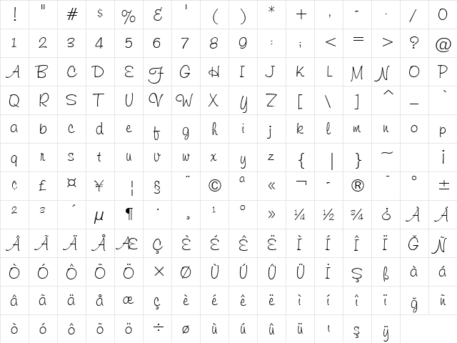 TrSah Freehand 591 BT Regular  glyph index