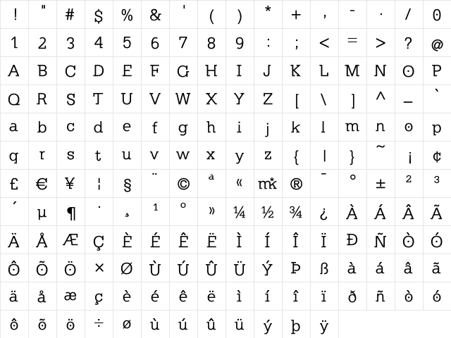 KleinSlabserif-Medium Regular  glyph index