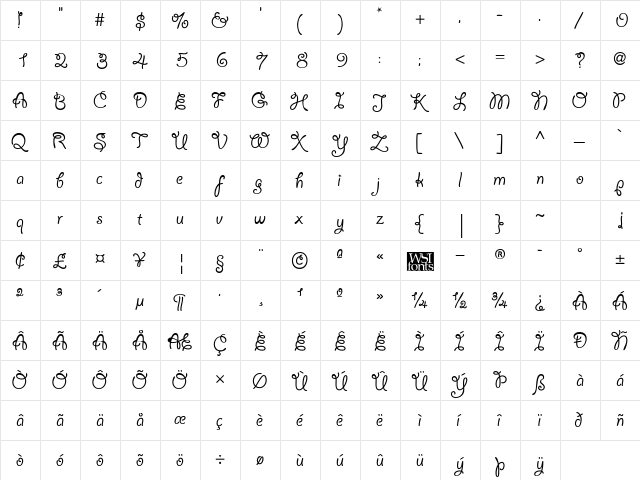 LariatLight Regular  glyph index