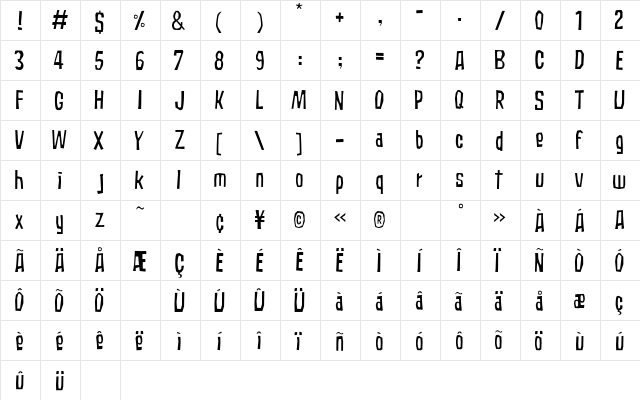 Subaccuz Light  glyph index