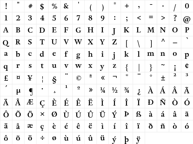 Adriane Text Bold  glyph index