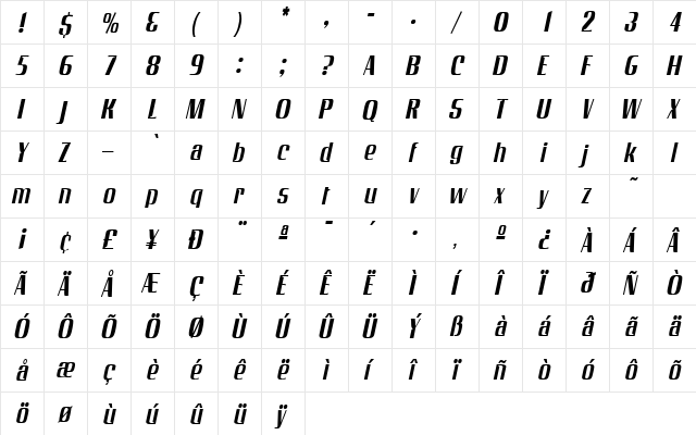 GalaxyCondensed Oblique  glyph index