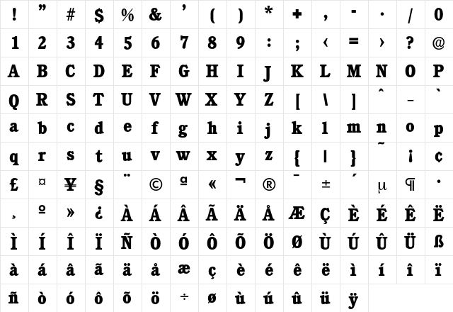 Calgary-ExtraBold Regular  glyph index