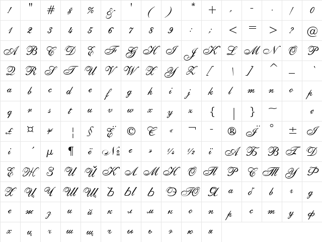 Shelley Regular  glyph index