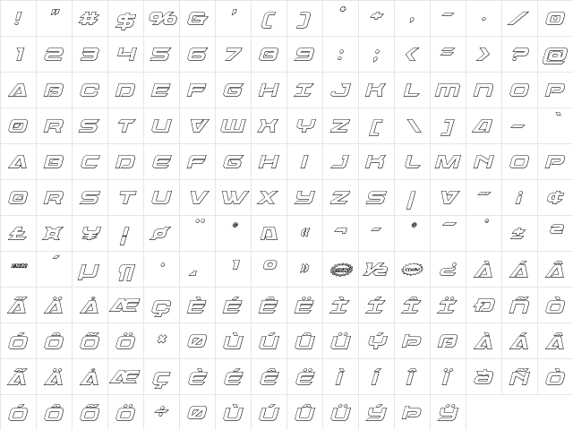 Dameron Outline Italic Outline Italic  glyph index