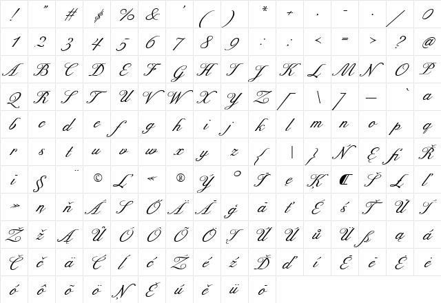 ExcelsiorScriptTextCE Regular  glyph index