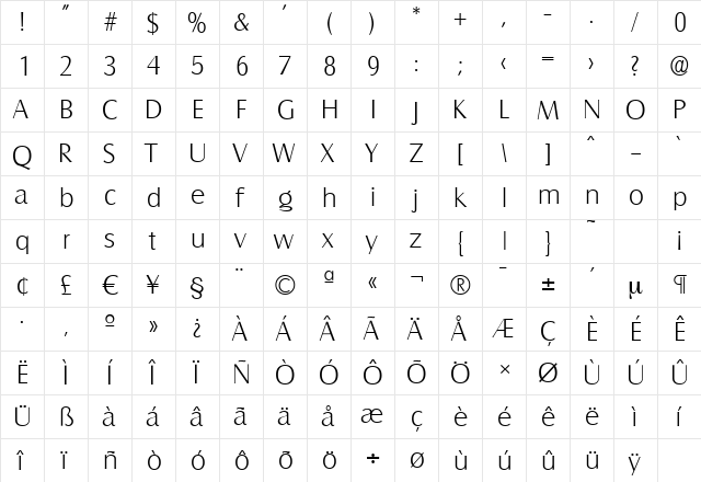 SalzburgSerial-Xlight Regular  glyph index