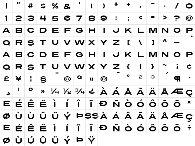 Turnpike Regular  glyph index