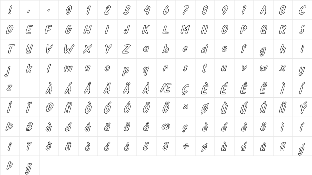 Oleander Cakes Outline Italic Regular  glyph index