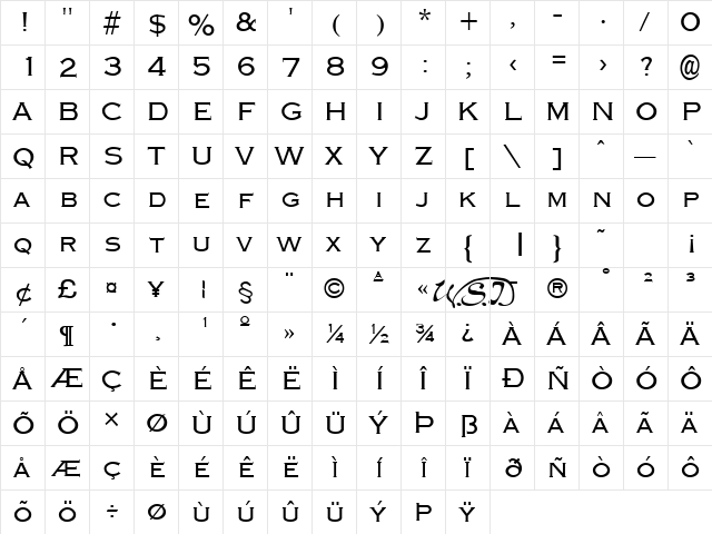 Graverplate Regular  glyph index
