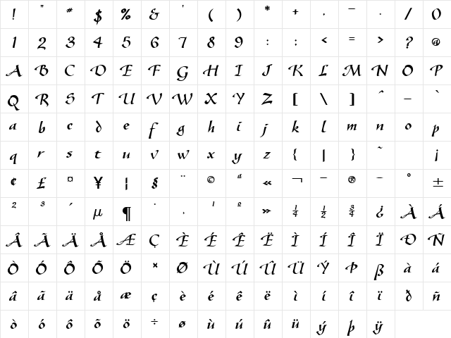 Gaze Bold  glyph index