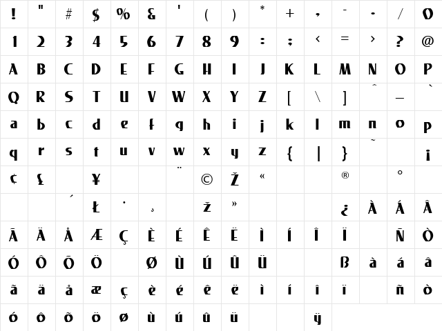 Lester Bold Regular  glyph index