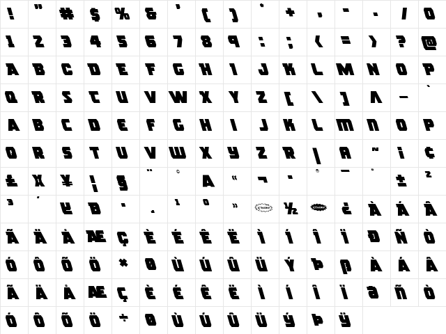 Rogue Hero Leftalic Italic  glyph index