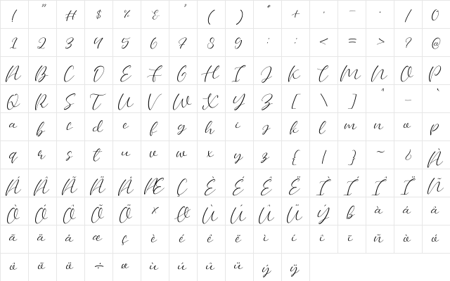 Bellany Regular  glyph index