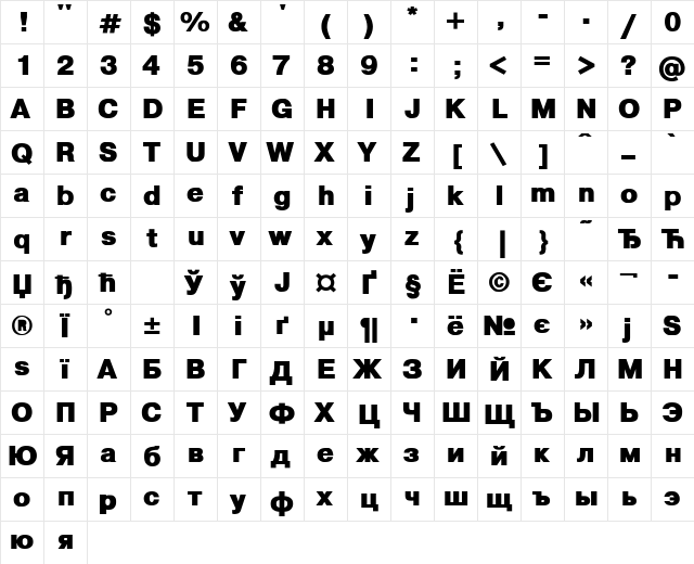 Pragmatica Black Regular  glyph index