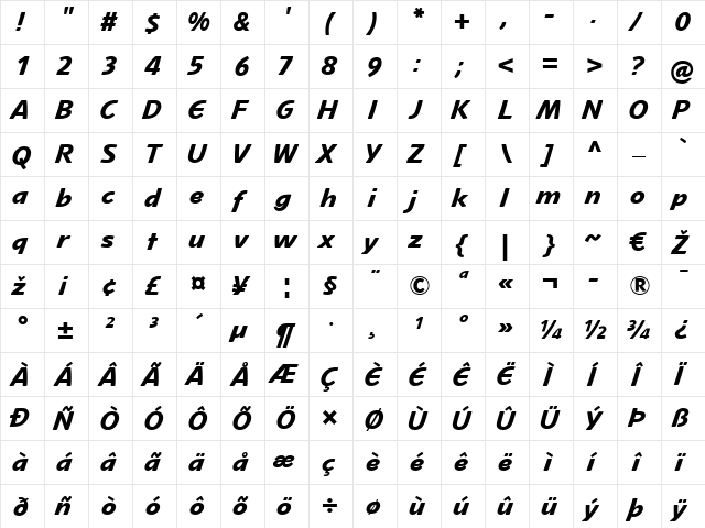 Mano LT Regular Bold  glyph index