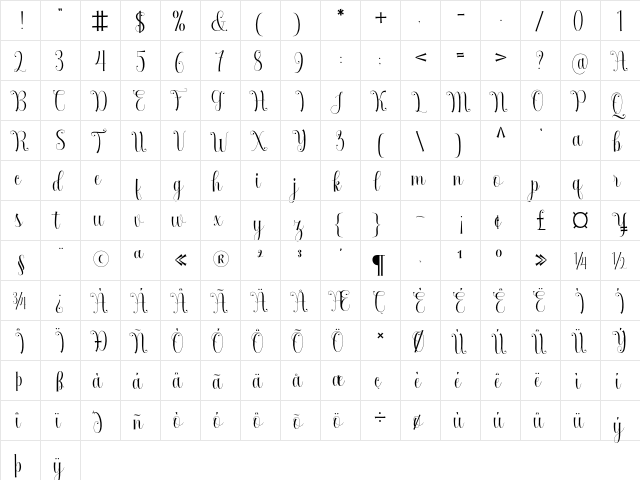 Armadilla Regular  glyph index