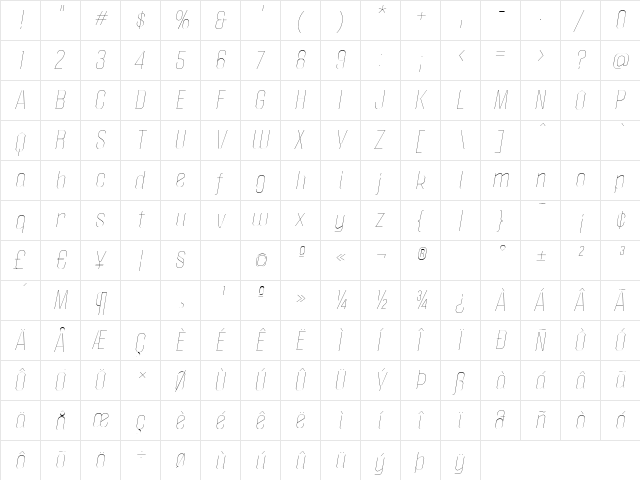 Politica Thin Italic  glyph index