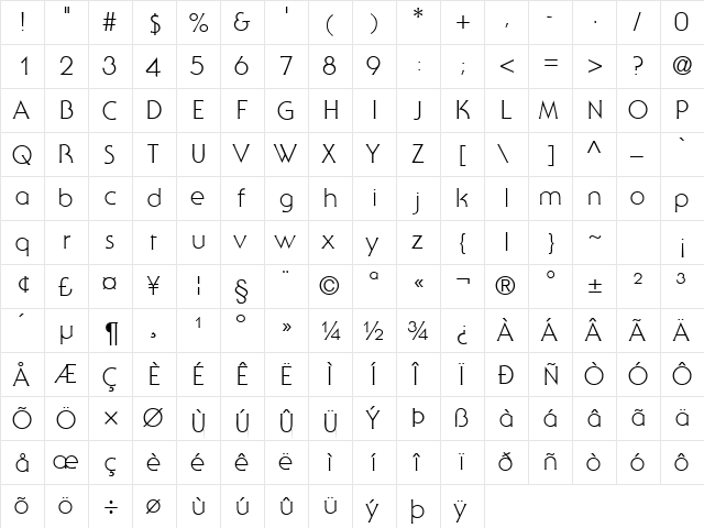 JennyLightDB Normal  glyph index