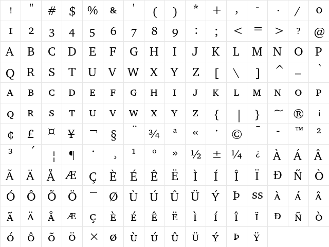 Charter ITC Regular SC  glyph index