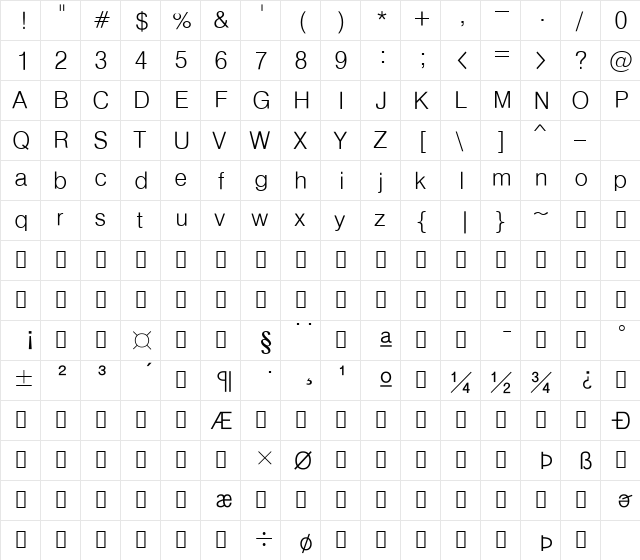 HYGothic-Medium Regular  glyph index