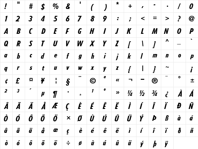 ArcheBlackCondSSK Italic  glyph index