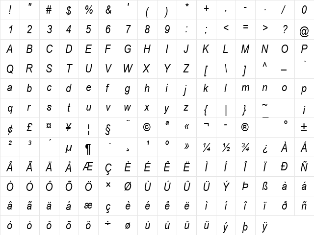 Arial Narrow Italic  glyph index