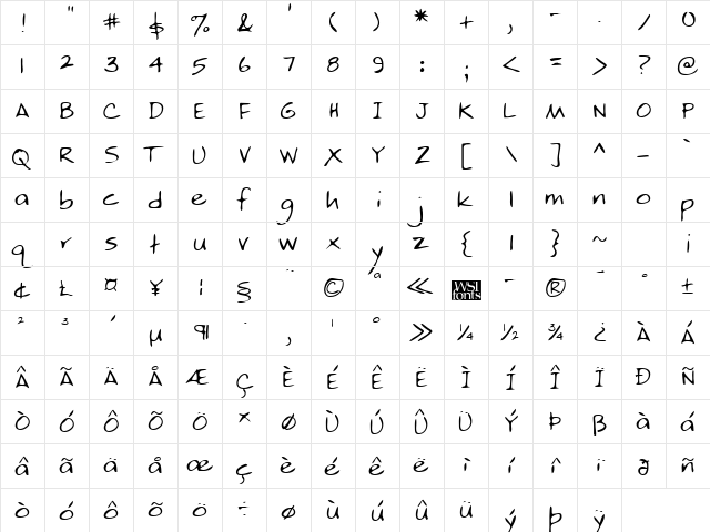 NickysHand Regular  glyph index