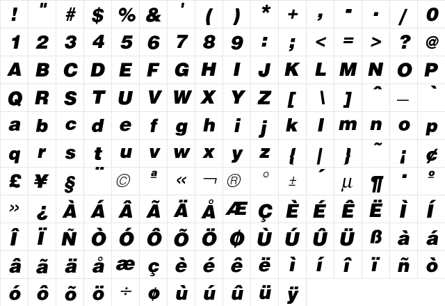Hallmarke BlackOblique  glyph index