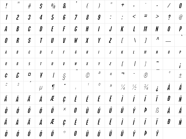 Block Condensed Italic  glyph index