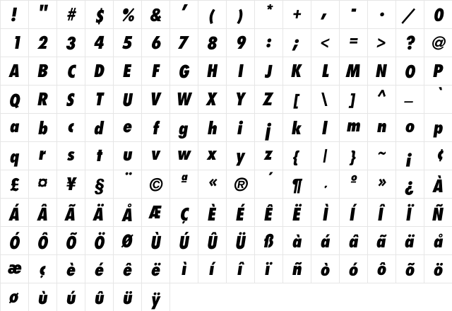 Futura-CondensedExtraBold-Italic Regular  glyph index
