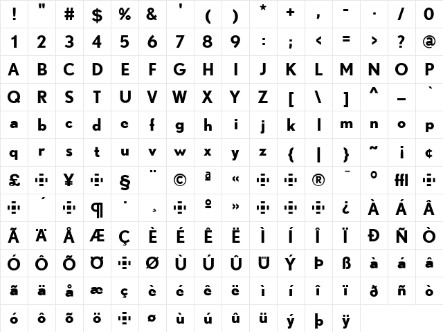 Nobel Bold  glyph index