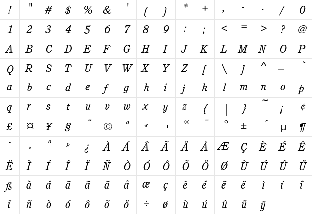 CushingEF-BookItalic Regular  glyph index