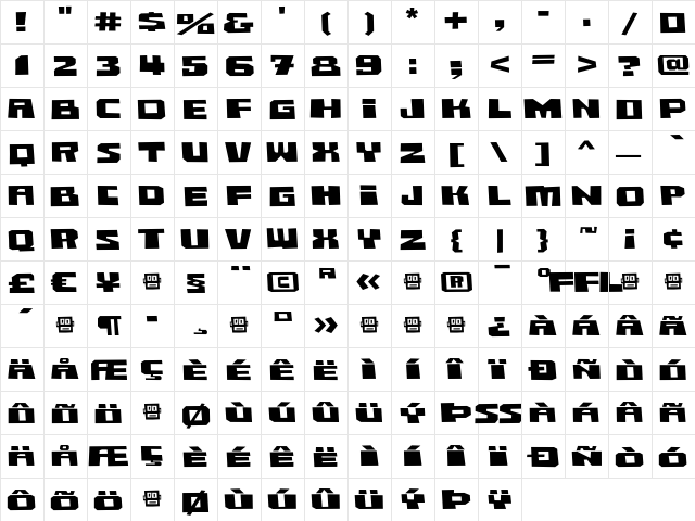 Buster BoldExtended  glyph index