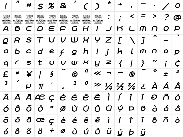 Roona Sans Bold PERSONAL Italic  glyph index