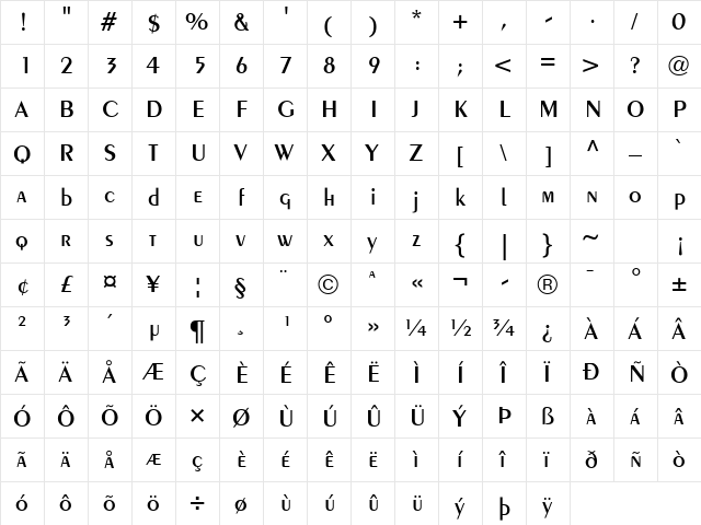 Peignot Demi  glyph index