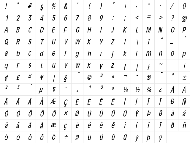 Antiqua 101 Thin Italic  glyph index