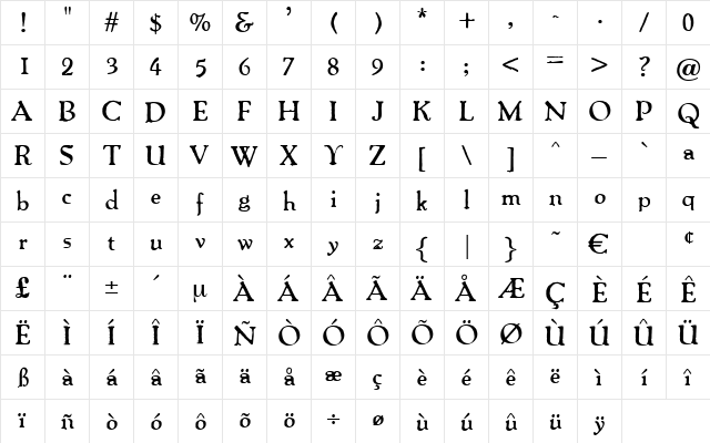 TripoliBold Regular  glyph index