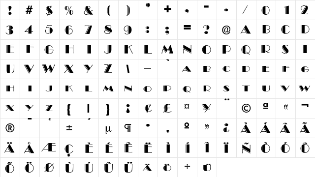 BroadwayDeko Regular  glyph index